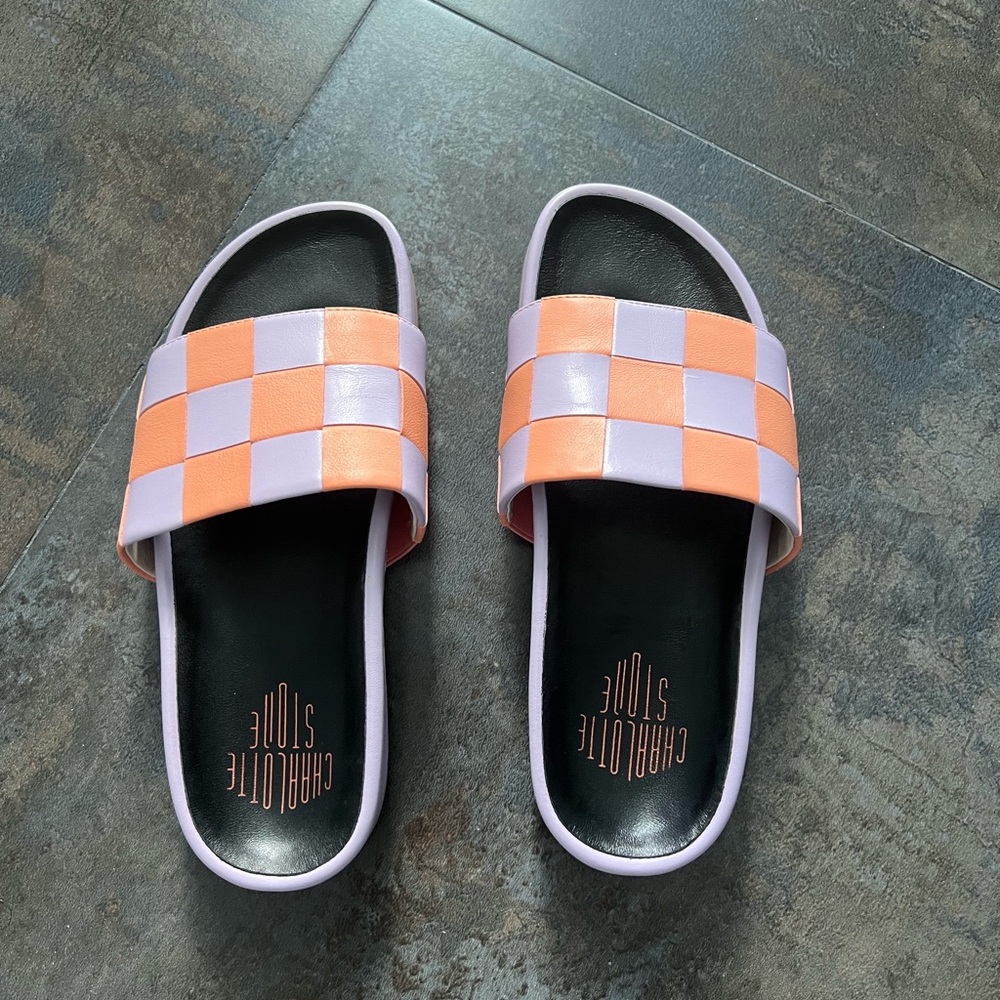 Charlotte Stone Checkered Slide Sandals - Orange and lilac